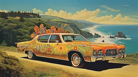 Premium Photo Vintage Hippie Car On The Road To The Sea