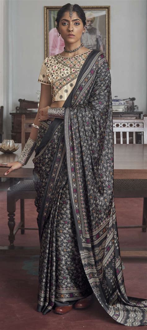 Festive Reception Traditional Black And Grey Color Silk Fabric Saree 1935777