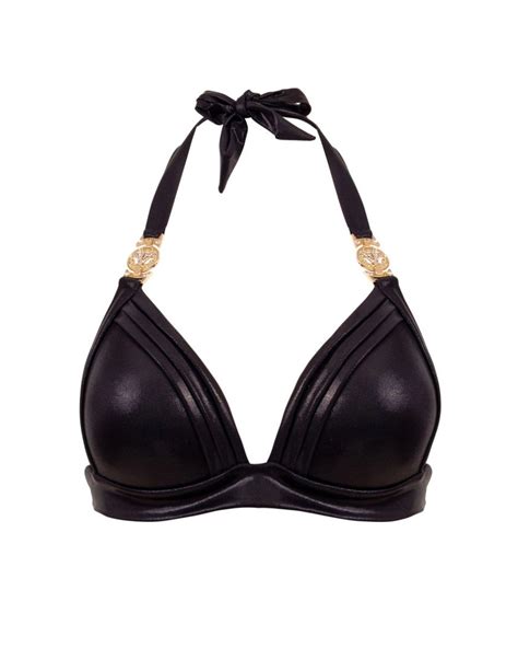 Black Push Up Triangle Bikini Top With Crystal Chains M Vivien Vance