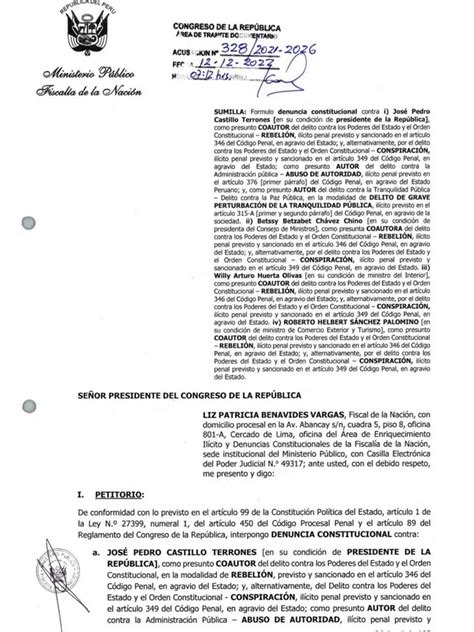 Fiscal De La Nación Denuncia A Pedro Castillo Y Exministros Por El