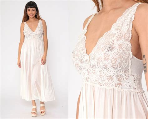 White Lingerie Nightgown S Sheer Lace Slip Dress Bridal Nightie Maxi V Neck Vintage Boho