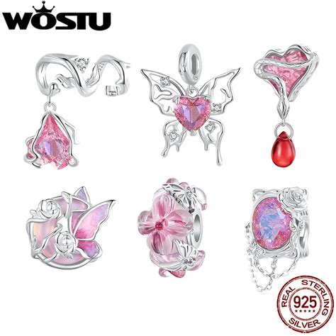 WOSTU Abalorio De Mariposa De Cristal Rosa Plata De Ley 925 Colgante De