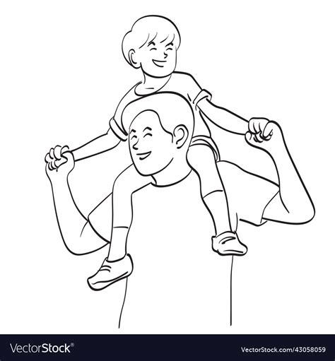 Line art smiling son riding on father neck Vector Image