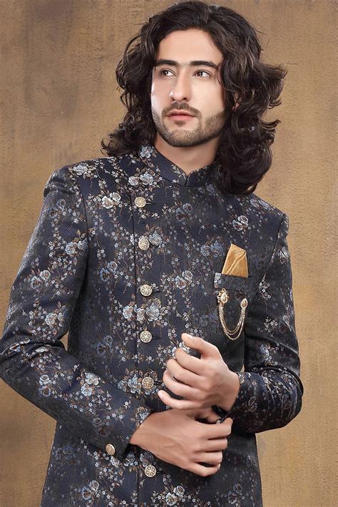 Printed Imported Silk Asymmetric Sherwani In Navy Blue 32 Ucchal