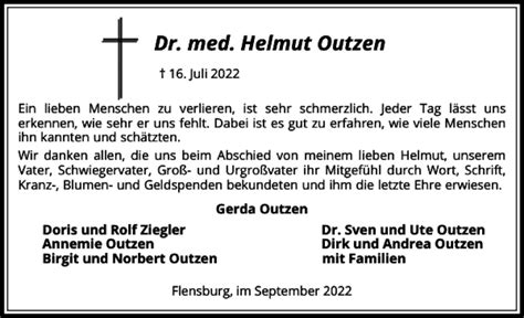 Traueranzeigen Von Dr Med Helmut Outzen Sh Z Trauer