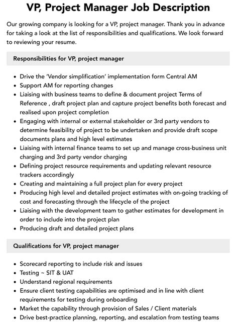 Vp Project Manager Job Description Velvet Jobs