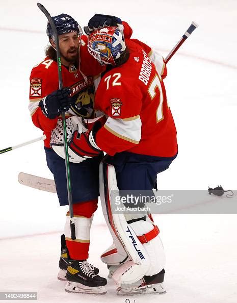 Ryan Lomberg And Sergei Bobrovsky Of The Florida Panthers Celebrate