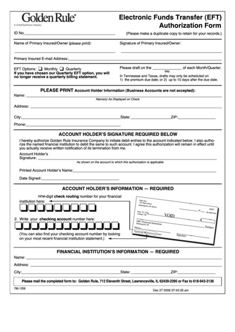 Eft Authorization Form Template