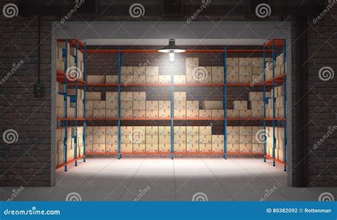 Self Storage Unit Full Of Cardboard Boxes 3d Rendering Stock