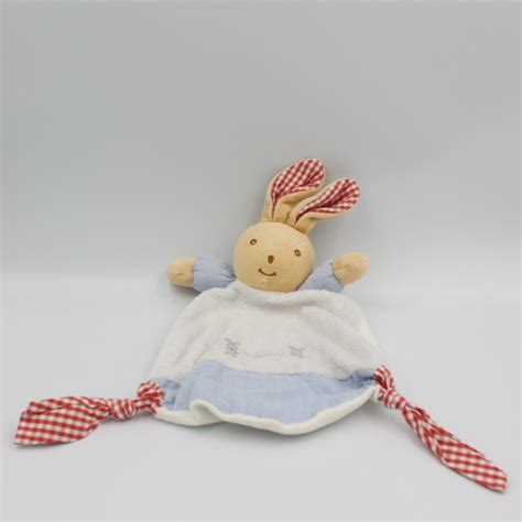 Doudou Plat Lapin Beige Blanc Bleu Vichy Rouge Takinou