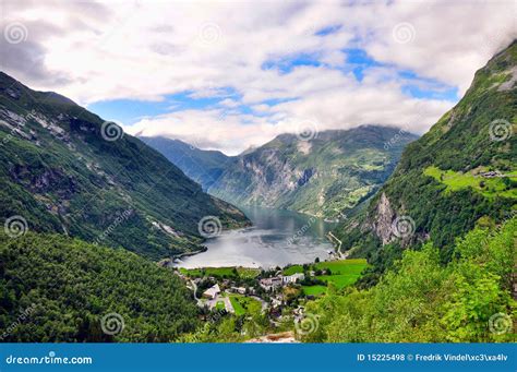 Geiranger fjord stock photo. Image of village, ship, mountain - 15225498