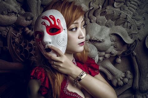 Wallpaper Women Model Red Asian Mask Clothing Head Color