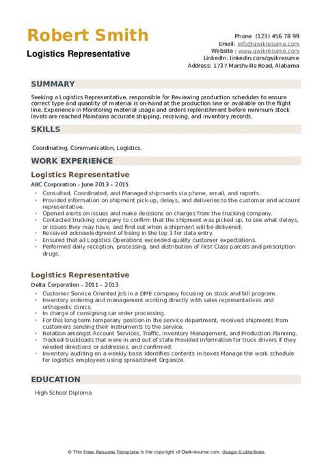 Logistics Representative Resume Samples Qwikresume