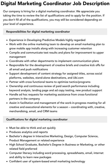 Digital Marketing Coordinator Job Description Velvet Jobs