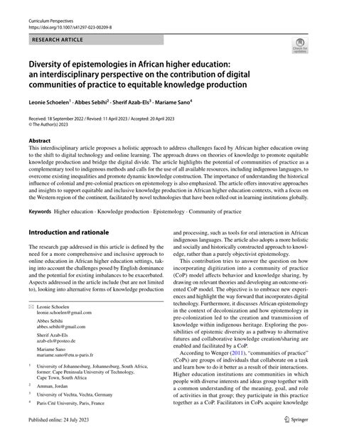 Pdf Diversity Of Epistemologies In African Higher Education An