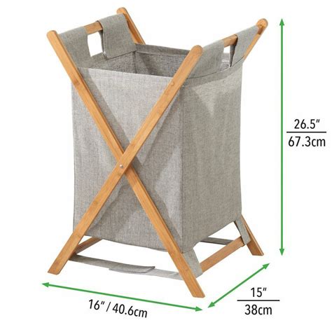 The Folding Laundry Hamper With Wooden Handles Is Shown In Grey And Has