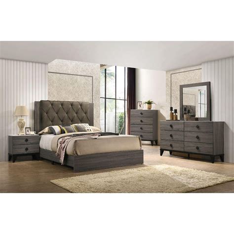 Transitional Fabric Rustic Gray Oak Eastern King Bedroom Set 6PCS By