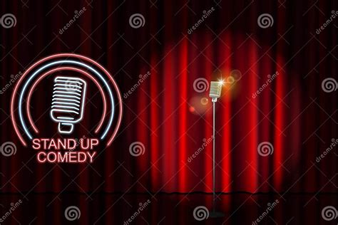 Stand Up Comedy With Neon Microphone Sign And Red Curtain Backdrop