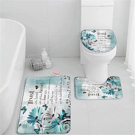 3 Pieces Set Rustic Daisy Floral Bath Mat Farmhouse Teal Flowers