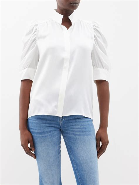 Frame Gillian Puff Sleeve Silk Blouse In White Lyst