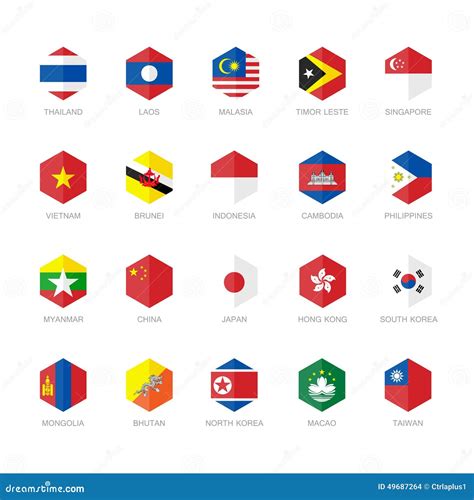 East Asia And South East Asia Flag Icons. Hexagon Flat Design. Stock ...