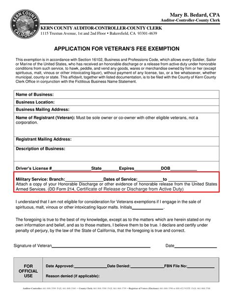 Kern County California Application For Veteran S Fee Exemption Fill