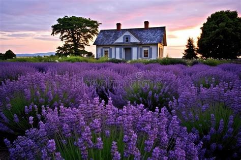 Lavender Field In Front Of A Beautiful House At Sunset A Cozy Cottage