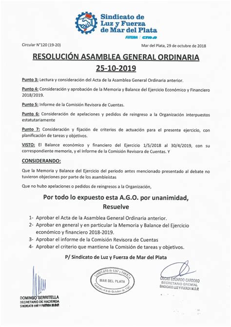 Resoluci N Asamblea General Ordinaria Luz Y Fuerza Mar Del