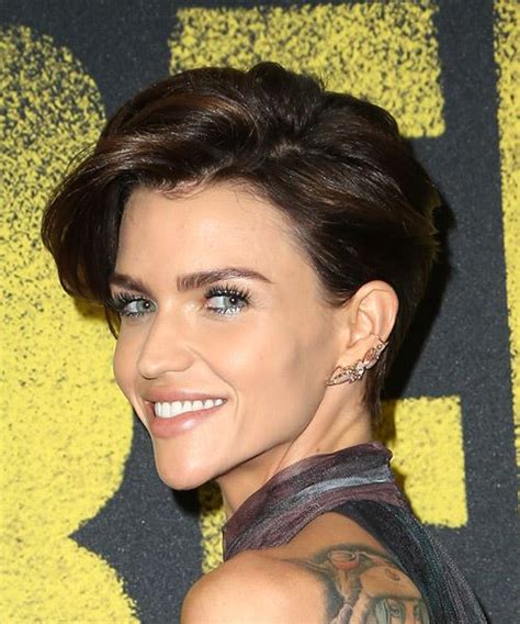 Ruby Rose Dark Brunette Pixie Haircut With Side Swept Bangs