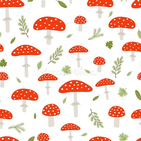 Forest Mushroom Seamless Pattern Amanita Plants Leaves And Branches