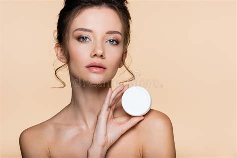 Pretty Model With Naked Shoulders Holding Stock Photo Image Of Container Cream