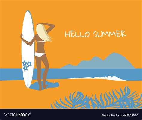 Surfer Girl In Bikini With Surfboard On A Sandy Vector Image