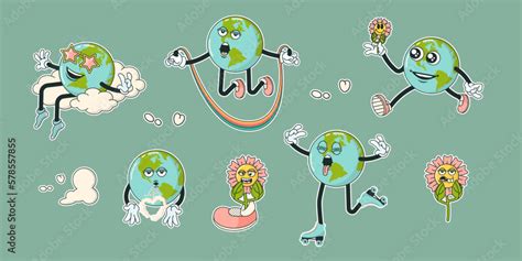 Retro Earth Cartoon Character Planet Stickers In Trendy Retro Cartoon