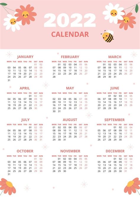 Free Cute Child-like Bees 2022 Calendar template