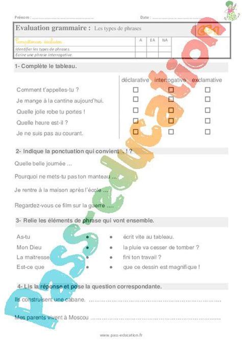 Les types de phrases Ce1 Étude de la langue Evaluation avec les