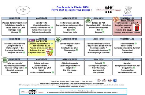 Menu Cantine Scolaire F Vrier Vivre A Seillons