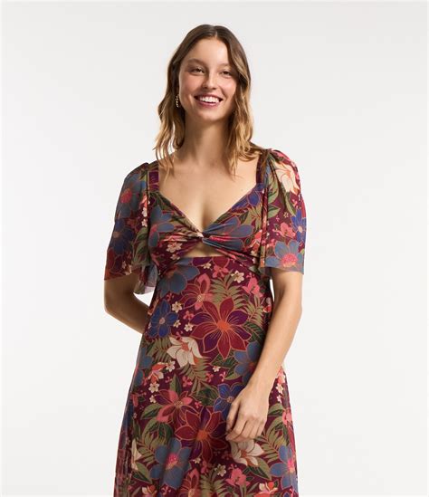 Vestido Midi Em Tule Decote V E Babados Na Saia Multicores