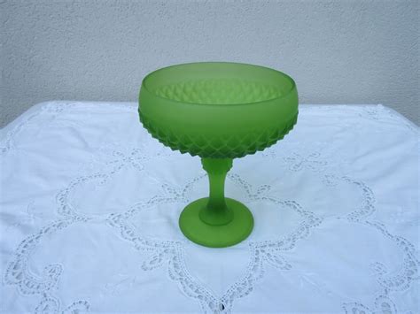 Pedestal Candy Dish Vintage Green Frosted Glass Crystal Cut Etsy