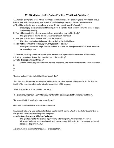 ATI RN Mental Health Online Practice B 60 Questions Browsegrades