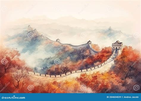 Watercolor Digital Illustration of Great Wall of China. Stock Image - Image of famous ...