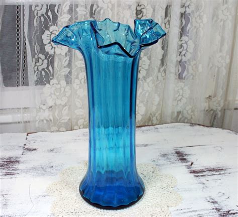 Exquisite Hand Blown Aqua Blue Ruffle Edge Vase Mid Century