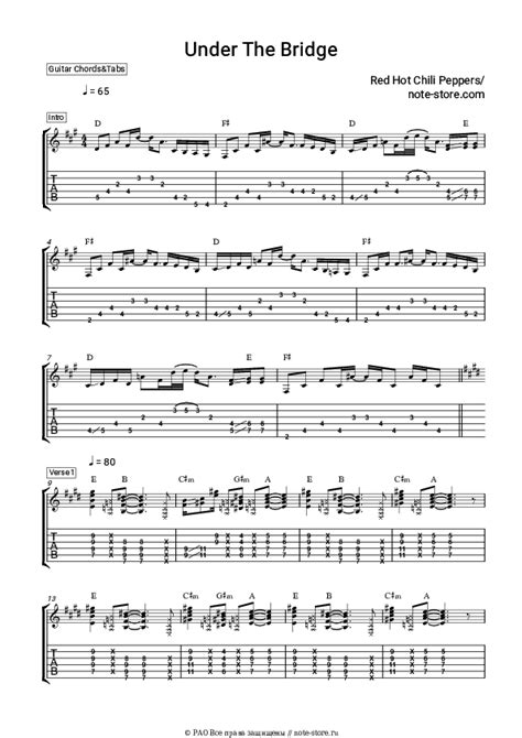 Under the Bridge Red Hot Chili Peppers аккорды табы для гитары в Note Store ru Гитара