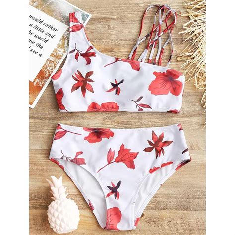 ZAFUL Leaf Print Padded Strappy Bikini Swimwear One Shoulder Bikini Set