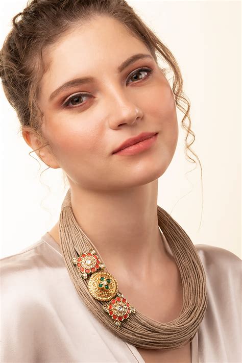 Buy Brown Jute Threads And Kundan Polki Embellished Layered Necklace By