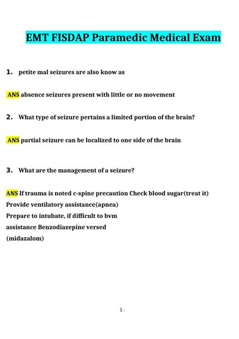 Emt Fisdap Paramedic Medical Exam Questions And Answers