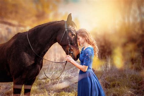 Girl and Horse in the Sunset Light Stock Photo - Image of dream ...