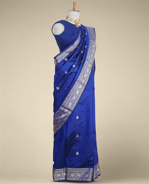 Blue Banaras Kathan Silk Saree With Zari Meena Buttas Self Pallu