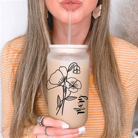 Wildflower Personalized Iced Coffee Cup Floral Glass Can W Lid Straw