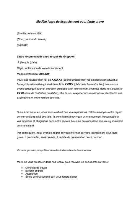 Modèle lettre de licenciement pour faute grave Modèle lettre de