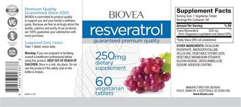 Resveratrol 250mg 60 Tablets Biovea Dietary Supplements